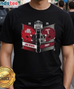 Alt Text: Official Troy Trojans vs Jacksonville State Gamecocks 2025 Salute To Veterans Bowl helmet t-shirt design