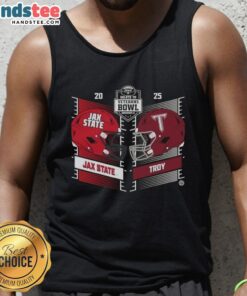Official Troy Trojans vs Jacksonville State Gamecocks 2025 Salute to Veterans Bowl helmet tank top design.