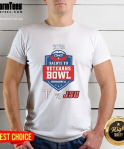 Official Troy Trojans vs Jacksonville State Gamecocks 2025 Salute To Veterans Bowl T-Shirt featuring team logos.