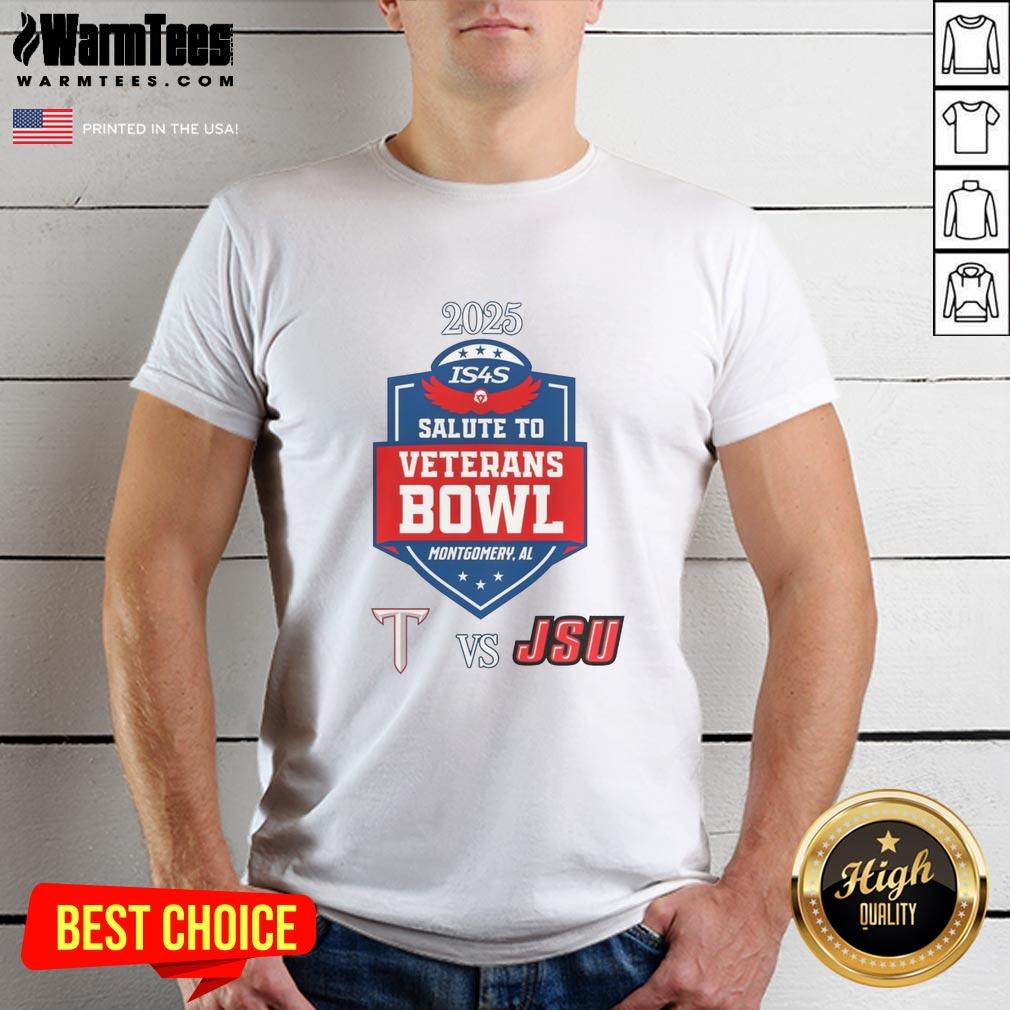 official-troy-trojans-vs-jacksonville-state-gamecocks-2025-salute-to-veterans-bowl-t-shirt Official Troy Trojans vs Jacksonville State Gamecocks 2025 Salute To Veterans Bowl T-Shirt featuring team logos.