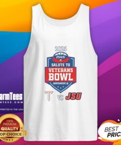 Official Troy Trojans vs Jacksonville State Gamecocks 2025 Salute to Veterans Bowl tank top featuring team logos.