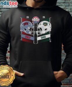 UNLV Rebels vs Ohio Bobcats 2025 Frisco Bowl helmet and hoodie, showcasing team spirit and game day excitement.