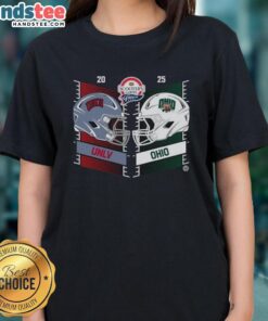 2025 Frisco Bowl head-to-head helmet design featuring UNLV Rebels vs. Ohio Bobcats on a ladies tee from Scooters Coffee.