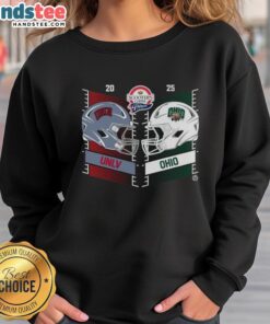 Alt Text: UNLV Rebels vs Ohio Bobcats 2025 Frisco Bowl sweatshirt featuring team helmets and Scooters Coffee logo.