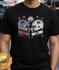 Alt Text: UNLV Rebels vs Ohio Bobcats 2025 Frisco Bowl helmet t-shirt featuring team logos and vibrant colors.