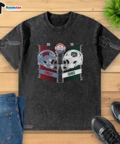 UNLV Rebels vs Ohio Bobcats 2025 Frisco Bowl helmet graphic on a washed t-shirt, showcasing team spirit and rivalry.