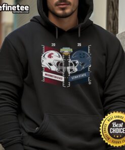 Alt Text: Official Washington State Cougars vs Utah State Aggies 2025 Famous Idaho Potato Bowl helmet hoodie design.