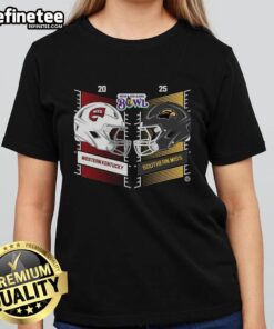 2025 New Orleans Bowl helmet design on a ladies tee featuring Western Kentucky Hilltoppers vs Southern Miss Golden Eagles.