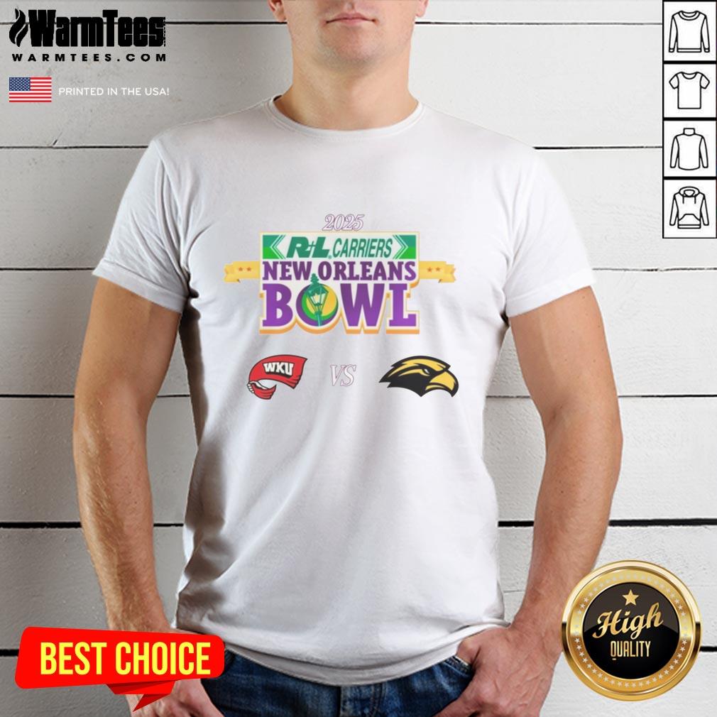official-western-kentucky-hilltoppers-vs-southern-miss-golden-eagles-2025-new-orleans-bowl-t-shirt Official Western Kentucky Hilltoppers vs Southern Miss Golden Eagles 2025 New Orleans Bowl T-Shirt design featuring team logos.