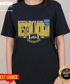 Official Western Michigan Broncos 2025 Myrtle Beach Bowl logo on a stylish ladies tee shirt, perfect for fans.