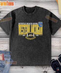 Alt Text: Official Western Michigan Broncos 2025 Myrtle Beach Bowl logo washed t-shirt featuring vibrant team colors and design.