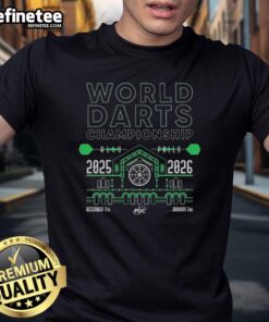 Official World Darts Championship 2025-2026 T-Shirt featuring bold graphics and vibrant colors for darts fans.