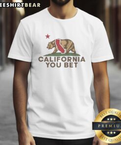 Alt Text: Official You Bet California Bear T-Shirt featuring California Republic flag design, perfect for proud Californians.
