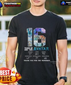 Alt Text: Original 16 Years 2009-2025 Avatar Movies T-Shirt featuring Thank You For The Memories signatures design.