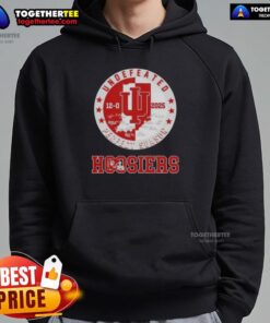 Original 2025 Indiana Hoosiers Undefeated 12-0 Perfect Season hoodie with all signatures displayed prominently.