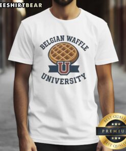 Original Belgian Waffle University Logo T-Shirt featuring a vibrant design and classic fit, perfect for waffle lovers.