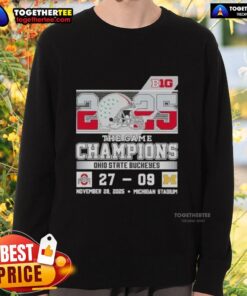 Ohio State Buckeyes sweatshirt celebrating Big Ten champions victory over Michigan at The Game, featuring team colors and logo.