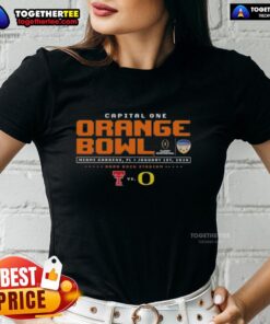 Alt Text: Original Capital One Orange Bowl ladies tee featuring Texas Tech Red Raiders vs Oregon Ducks in Miami Gardens, FL.