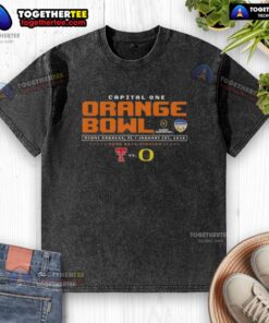 Original Capital One Orange Bowl washed t-shirt featuring Texas Tech Red Raiders vs Oregon Ducks design in Miami Gardens, FL.