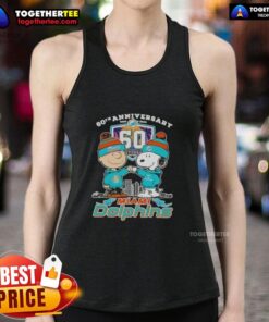 Original Charlie Brown fist bump with Snoopy on Miami Dolphins skyline tank top for 60th anniversary 1965-2025.