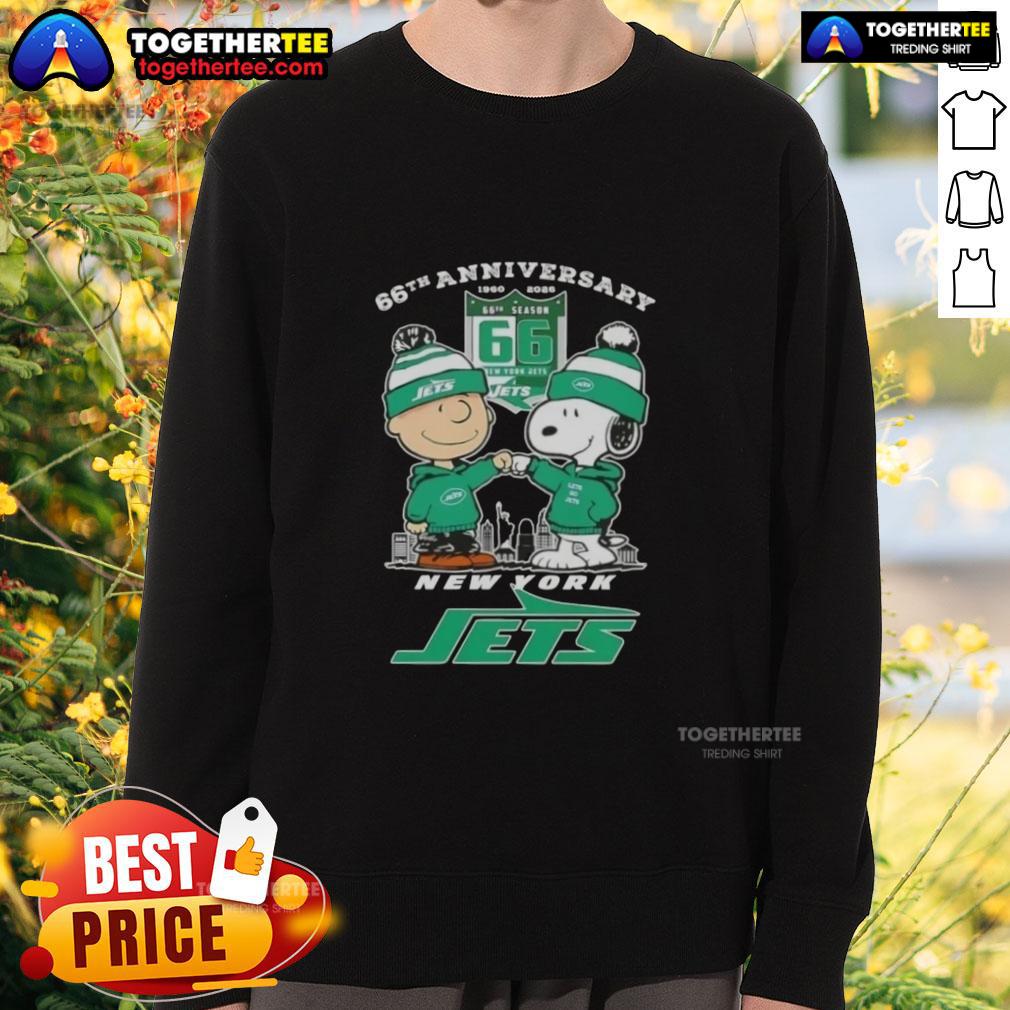 Original Charlie Brown Fist Bump Snoopy 66th Anniversary 1960 2026 New York Jets Skyline Sweatshirt Alt Text: Original Charlie Brown Fist Bump Snoopy sweatshirt celebrating 66th anniversary with New York Jets skyline design.