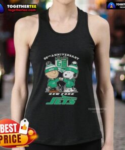 Alt Text: Original Charlie Brown fist bump with Snoopy celebrating 66th anniversary, featuring New York Jets skyline tank top.