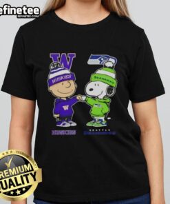 Original Charlie Brown fist bump with Snoopy on a Washington Huskies X Seattle Seahawks ladies tee design.