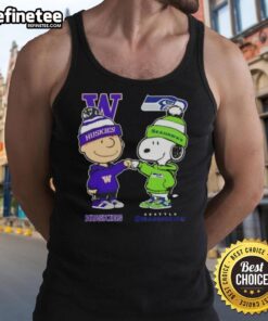 Alt Text: Original Charlie Brown fist bump with Snoopy on a Washington Huskies x Seattle Seahawks tank top.