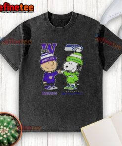 Original Charlie Brown fist bump with Snoopy on a Washington Huskies X Seattle Seahawks washed t-shirt design.