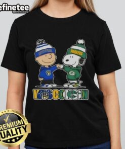 Original Charlie Brown fist bump with Snoopy, featuring Milwaukee Brewers and Green Bay Packers ladies tee design.
