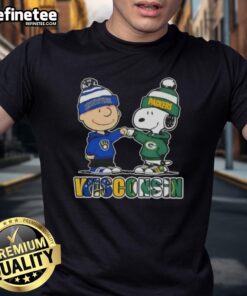 Original Charlie Brown fist bump with Snoopy on Milwaukee Brewers X Green Bay Packers T-shirt design.