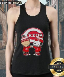 Original Charlie Brown fist bump with Snoopy on Cincinnati Reds tank top, perfect for fans and summer wear.