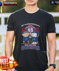 Original Charlie Brown X Snoopy 65th Anniversary T-Shirt celebrating 1960-2025 with New England Patriots football theme.
