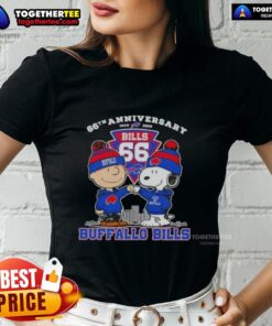 Alt Text: Original Charlie Brown x Snoopy 66th Anniversary Buffalo Bills Football Ladies Tee, celebrating 1960-2026.