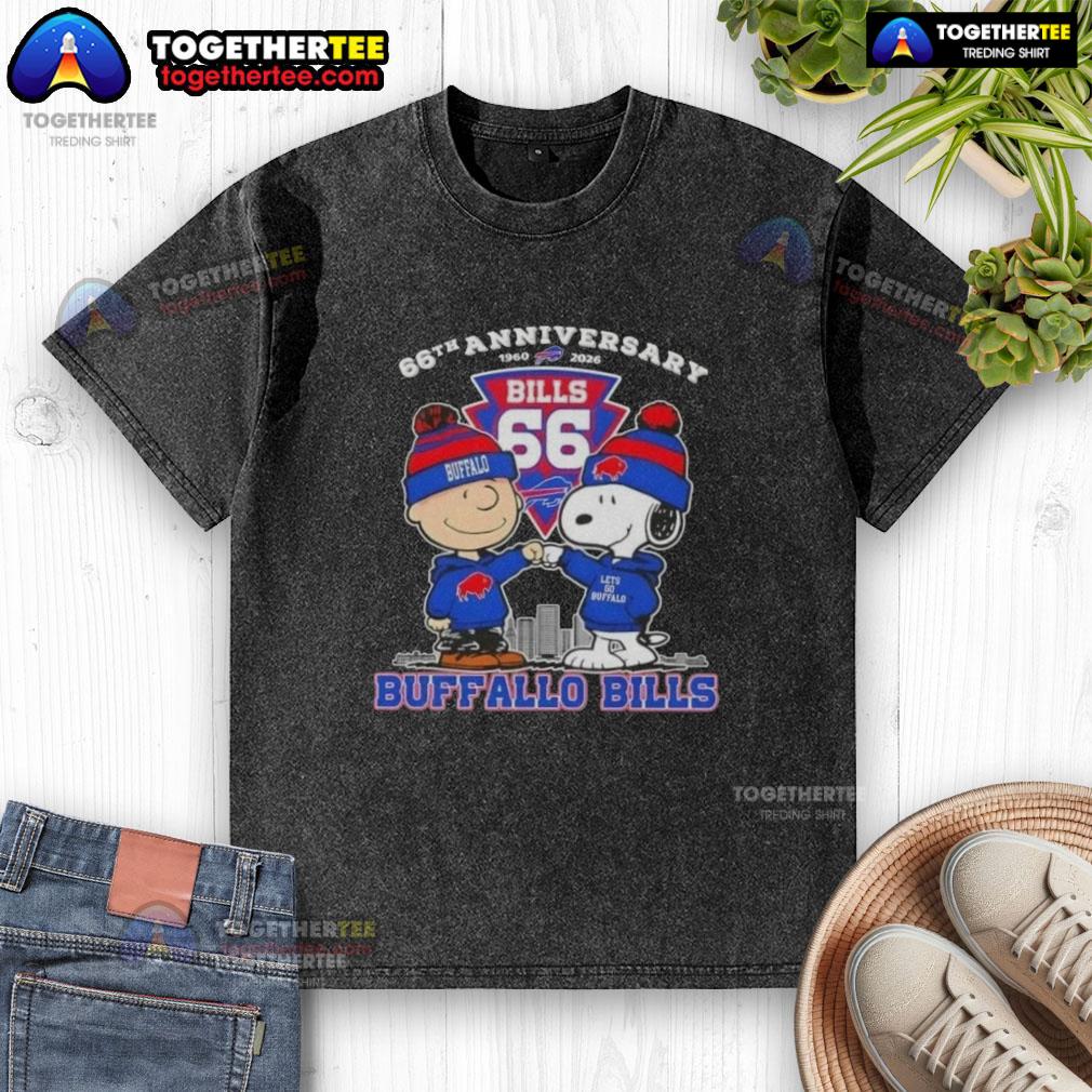 Original Charlie Brown X Snoopy 66th Anniversary 1960 2026 Buffalo Bills Football Washed T-Shirt Alt Text: Original Charlie Brown X Snoopy 66th Anniversary Buffalo Bills Football washed t-shirt, celebrating 1960-2026.