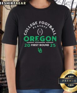 Alt Text: Oregon Ducks ladies tee for the 2025 College Football Playoff first round, featuring team colors and logo.