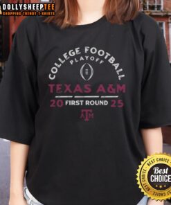 Texas A&M Aggies ladies tee for the 2025 College Football Playoff First Round, featuring team colors and logo.