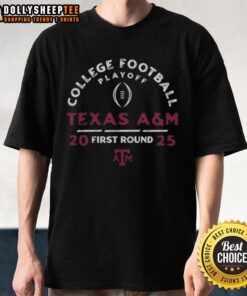 Original College Football Playoff 2025 First Round Texas A&M Aggies T-Shirt featuring team logo and vibrant design.