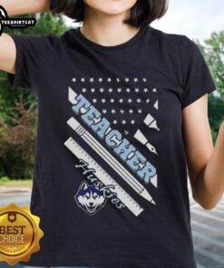 Alt Text: Original Connecticut Huskies X Teacher American Flag Ladies Tee featuring a stylish design for fans and educators.