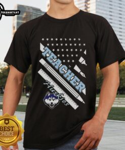 Original Connecticut Huskies X Teacher American Flag T-Shirt featuring patriotic design for fans and educators.