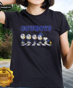 Original Dallas Cowboys X Peanuts Snoopy and Friends Abbey Road Ladies Tee showcasing fun character designs.