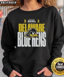 Alt Text: Original Delaware Blue Hens 2025 Ventures Bowl sweatshirt featuring vibrant team colors and logo design.