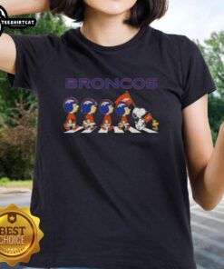 Original Denver Broncos X Peanuts Snoopy and Friends Abbey Road ladies tee featuring iconic characters in a fun design.