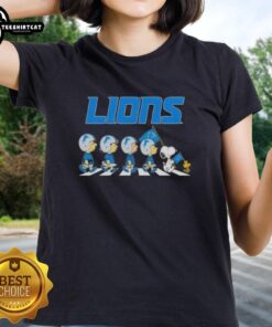 Original Detroit Lions X Peanuts Snoopy and Friends Abbey Road Ladies Tee featuring iconic characters and team logo.