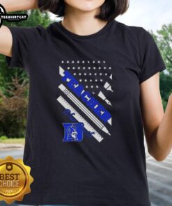 Original Duke Blue Devils x Teacher American Flag ladies tee featuring vibrant design and comfortable fit.