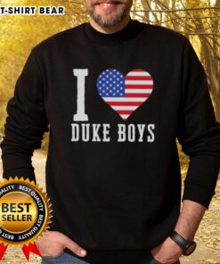 Alt Text: Original Duke Boys I Love Duke Boys US Flag Sweatshirt featuring a patriotic design and vibrant colors.