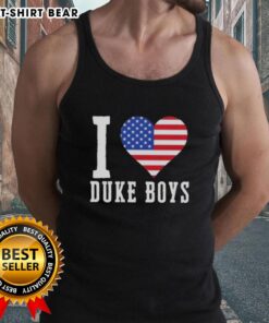 Alt Text: Original Duke Boys I Love Duke Boys US Flag Tank Top featuring patriotic design and vibrant colors for fans.