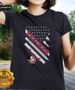 Original Florida State Seminoles X Teacher American Flag Ladies Tee featuring vibrant colors and school spirit design.