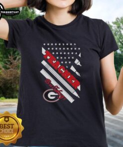 Alt Text: Original Georgia Bulldogs X Teacher American Flag Ladies Tee showcasing school spirit and patriotic design.