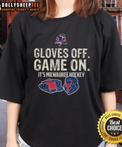Milwaukee Hockey Ladies Tee - 'Gloves Off, Game On' design showcasing team spirit and style for hockey fans.